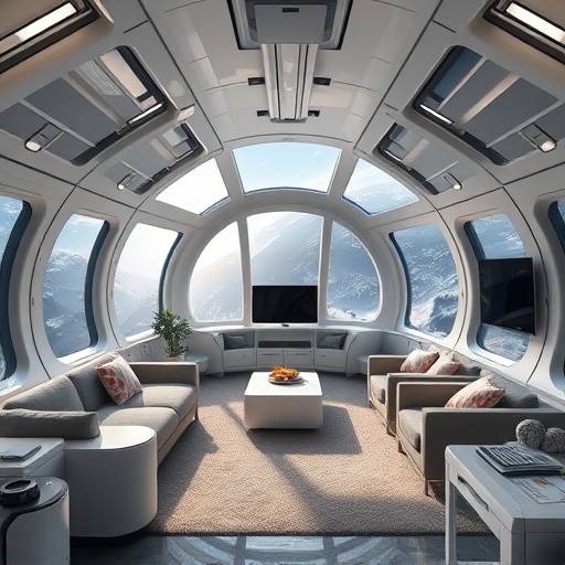 Célula habitacional de lujo, un diseño espacioso y elegante con grandes ventanales que ofrecen vistas panorámicas del espacio, con mobiliario moderno y comodidades de alta gama.