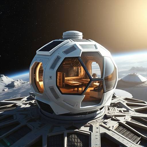 Célula habitacional estándar, un diseño funcional y eficiente para la vida básica en el espacio, mostrando paneles solares y una estructura robusta.