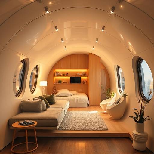 Dise√±o interior de una c√©lula habitacional con iluminaci√≥n ambiental y espacios multifuncionales.