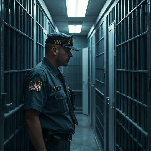 Imagen de un inspector de seguridad examinando una celda penitenciaria, verificando el cumplimiento de las normas y la seguridad de las instalaciones.