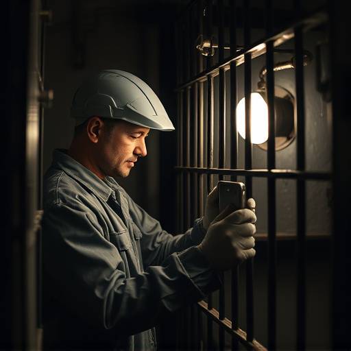 Imagen de un t茅cnico reparando una celda penitenciaria, mostrando el proceso de mantenimiento y reparaci贸n de las instalaciones.
