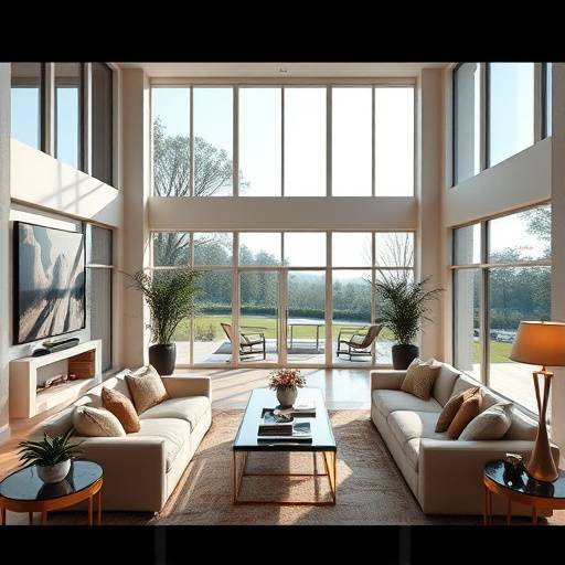 Interior de una c√©lula habitacional de lujo, con amplios ventanales y mobiliario de alta gama.